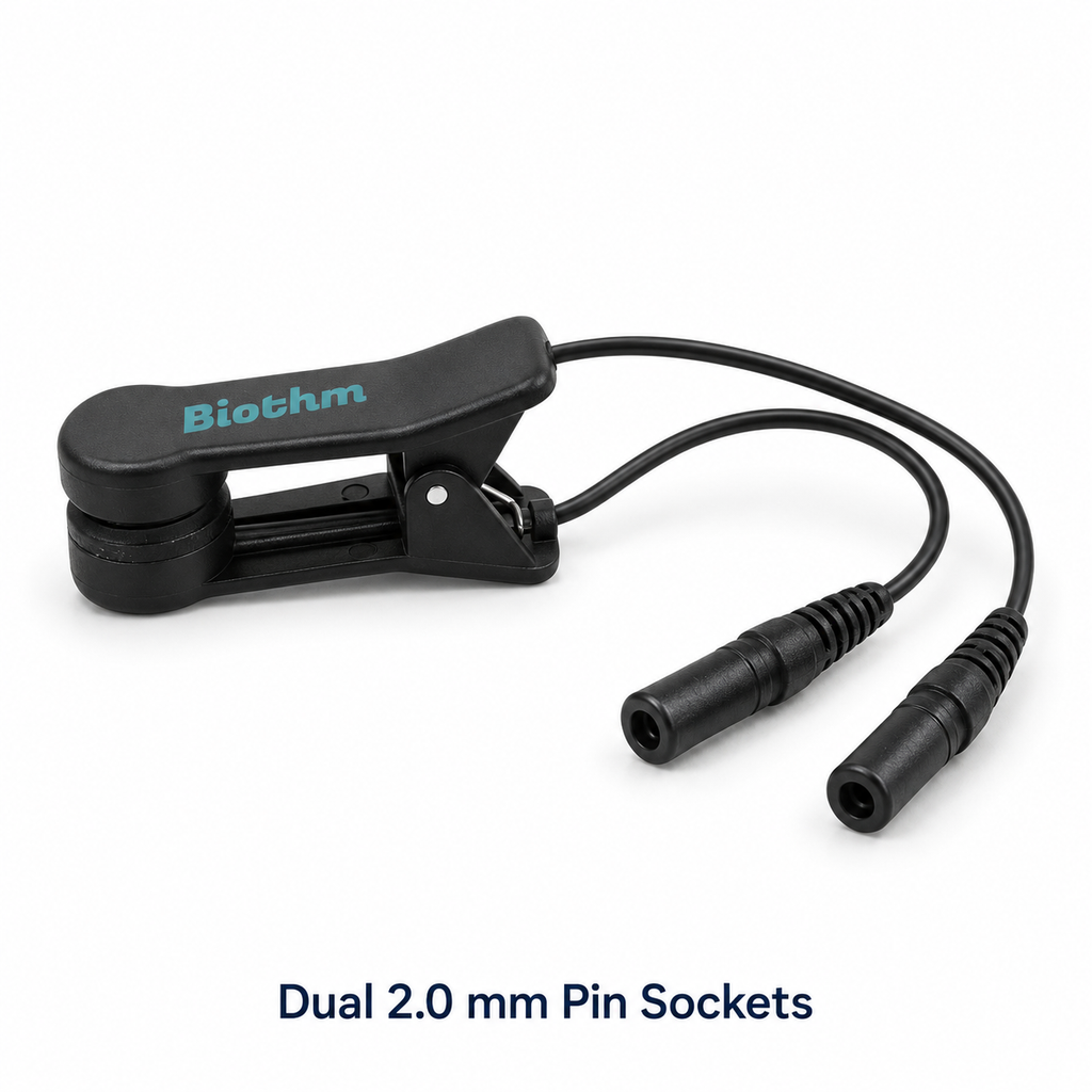Biothm black double-sided ear clip with two short leads and female 2.0 mm pin sockets