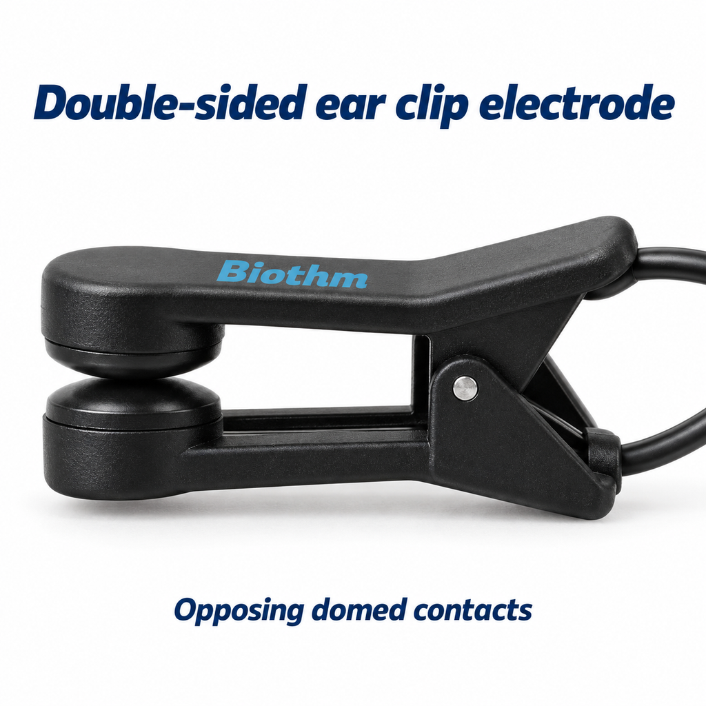 Biothm double-sided ear clip electrode with opposing domed contacts