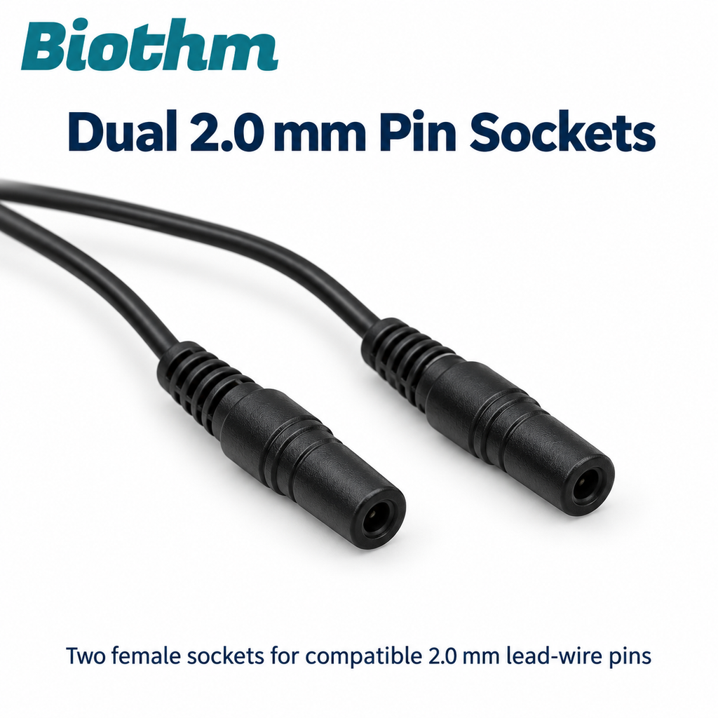 Close-up of dual female 2.0 mm sockets for compatible lead-wire pins