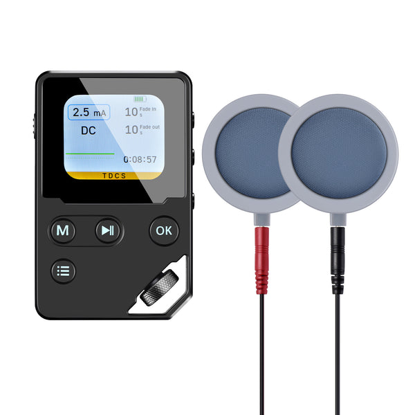 A professional tDCS device with a color display and control buttons, accompanied by a pair of sponge electrodes and an attached headband.